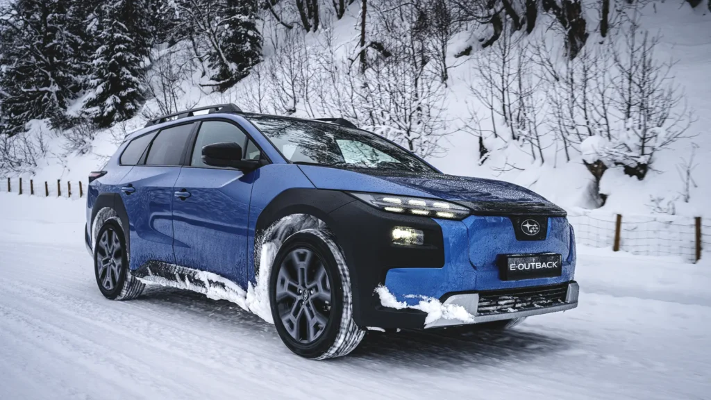 Blå Subaru E-Outback på snødekt vei med trær.